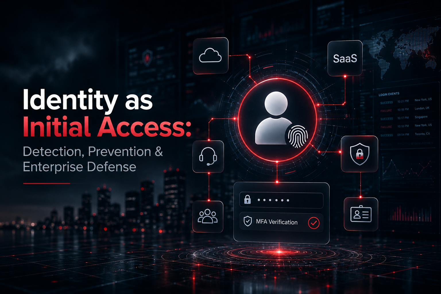 Enterprise identity security and authentication monitoring concept showing SaaS access, MFA workflows, OAuth security, and cloud identity defense.