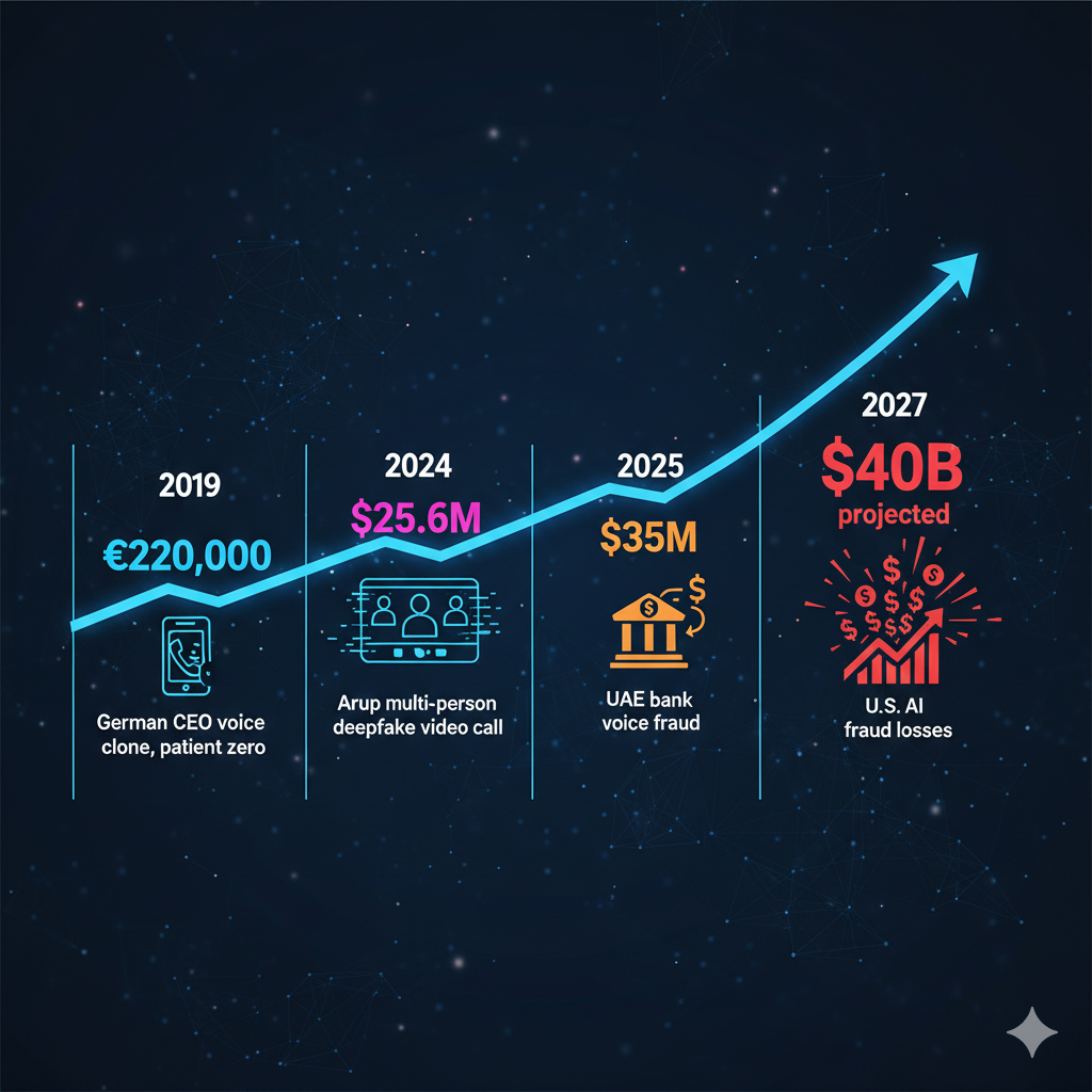 Timeline showing the rise of AI voice fraud from the 2019 German CEO case of &euro;220,000 to $25.6 million Arup deepfake attack, $35 million UAE bank fraud, and projected $40 billion losses by 2027.