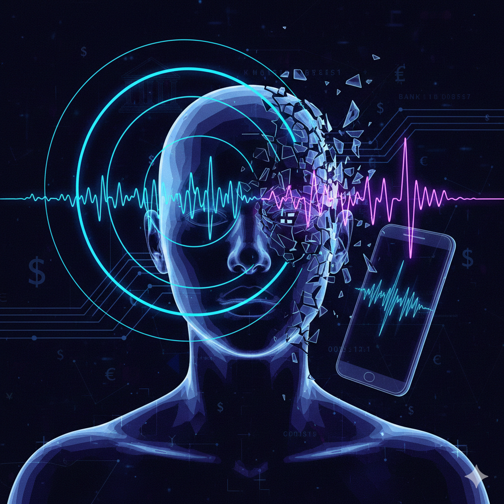 AI voice fraud illustration showing a fragmented human face and digital audio waveform representing cloned voices and banking transfers
