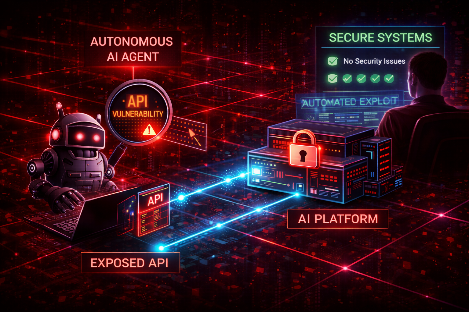 Autonomous AI agent attacking a vulnerable enterprise AI platform while a human administrator sees no alerts on their security dashboard.