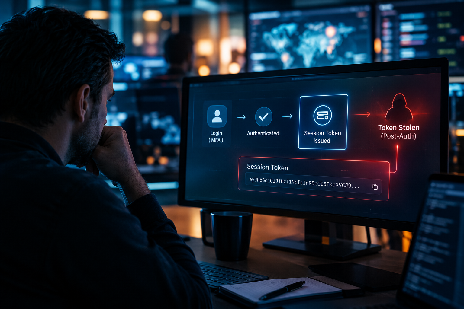 SOC analyst monitoring authentication activity while a stolen session token bypasses the authentication gate